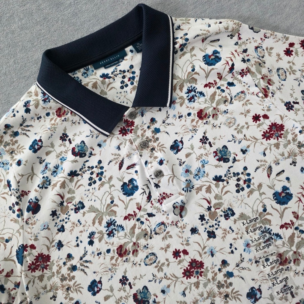 Perry Ellis Mens XL Pima Cotton Floral Polo Shirt White Navy Blue Short Sleeve